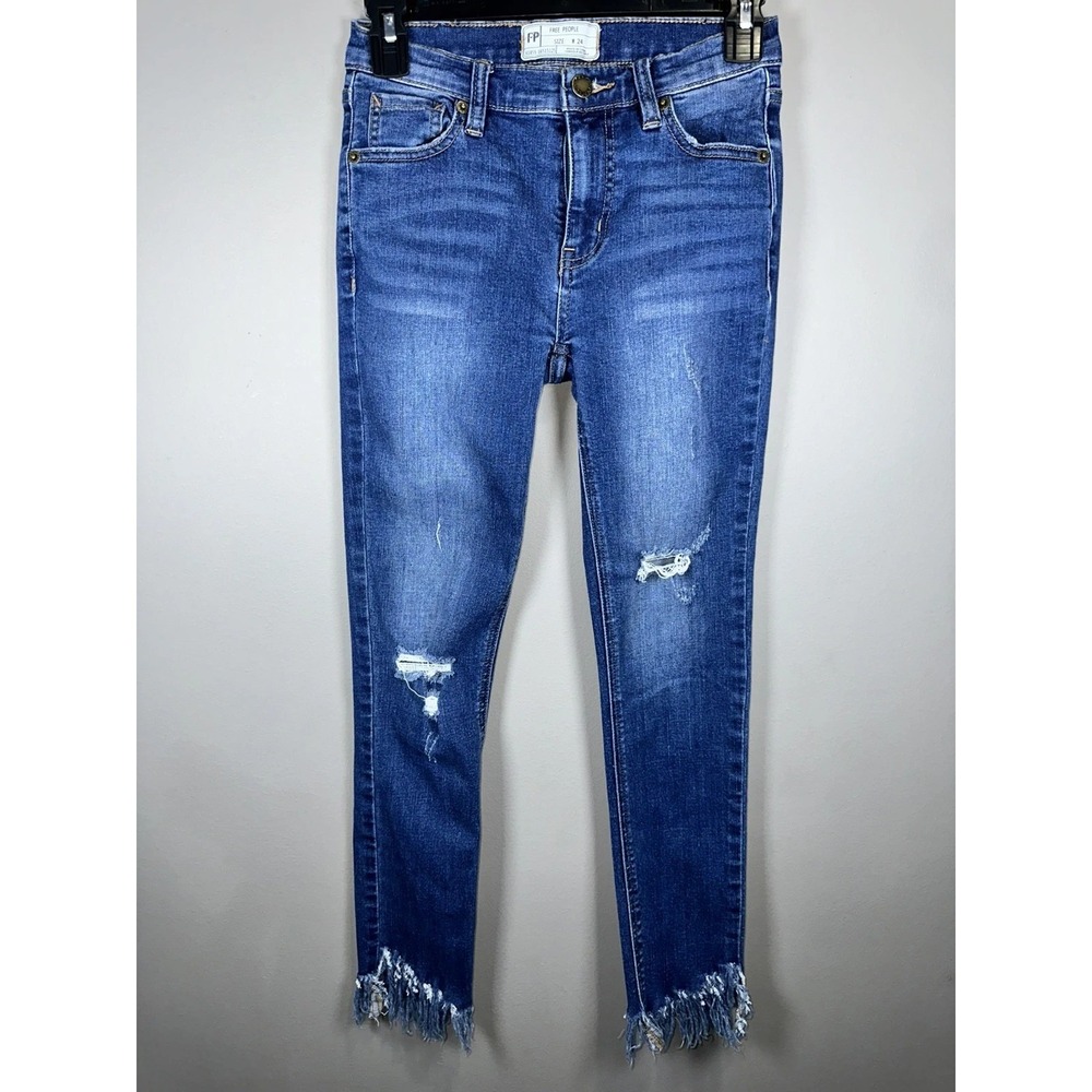 Free People Distressed Raw Hem Skinny Jeans Sz W 24 Stretch 25" Inseam Midrise